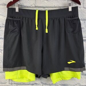 Brooks Mens Carbonite 2-in-1 Running Shorts Black Neon Lime Green 6 Inch Large